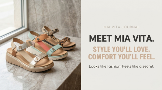 Mia Vita shoes styled on marble surface — fashion-forward comfort footwear from Comfort Co