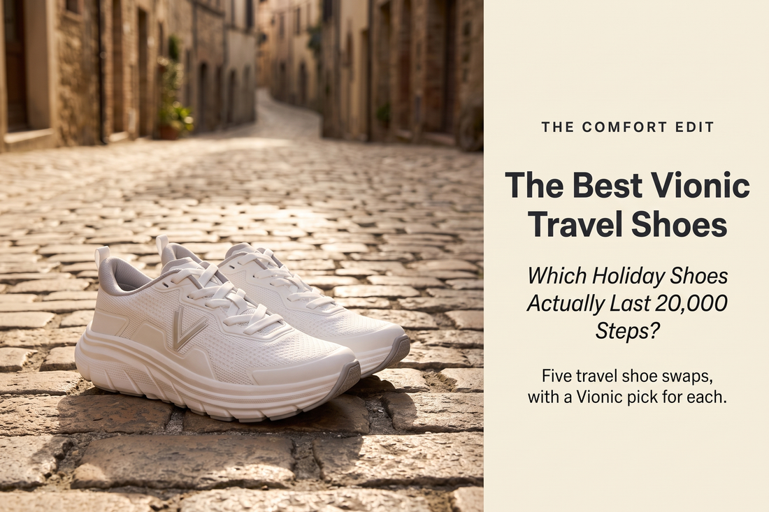 Vionic Walk Max sneakers on a sunlit cobblestone lane