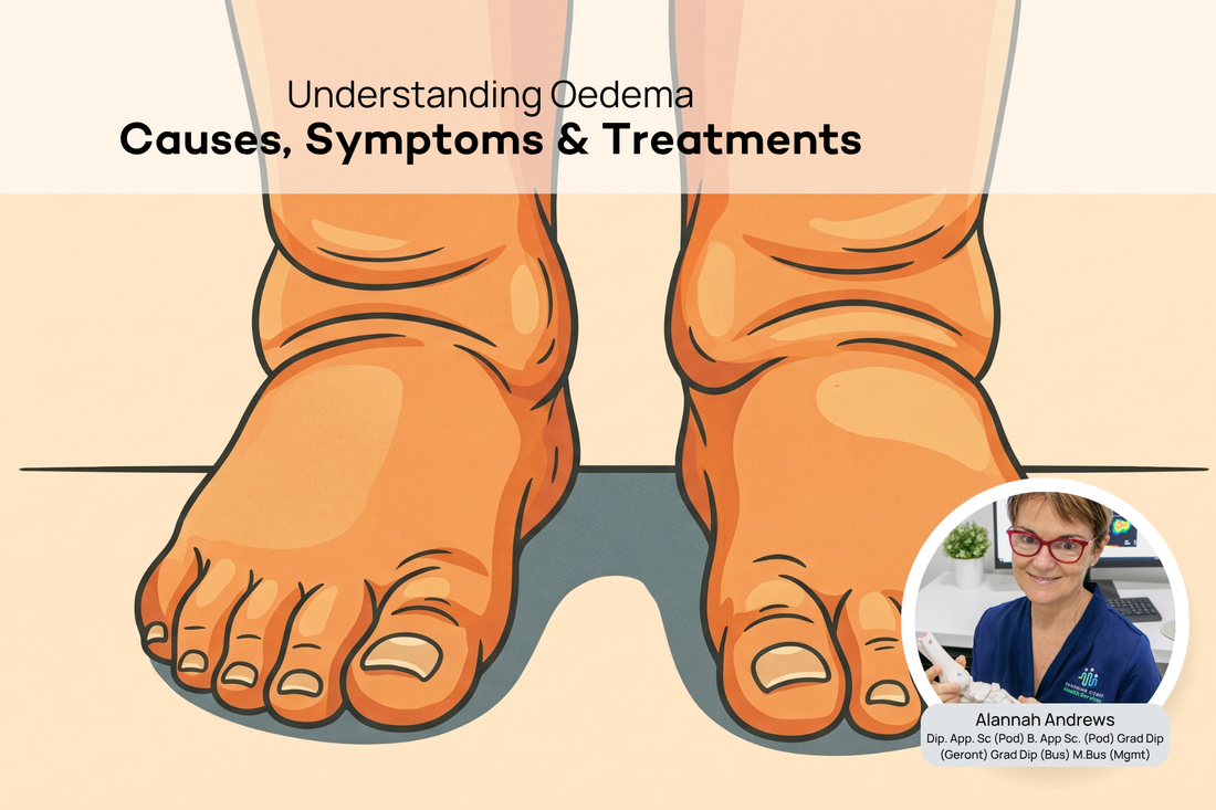 Illustration of swollen feet and ankles with podiatrist Alannah Andrews