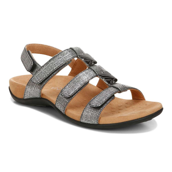 Vionic Amber Adjustable Sandal in black metallic with a back strap